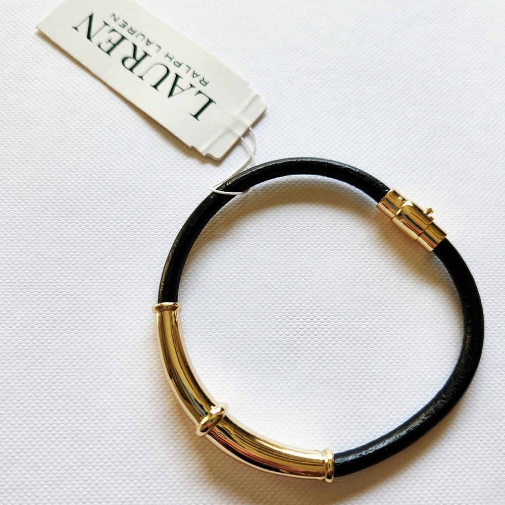 Ralph Lauren Leather Bangle Bracelet Gold Tone Hinged Closure New